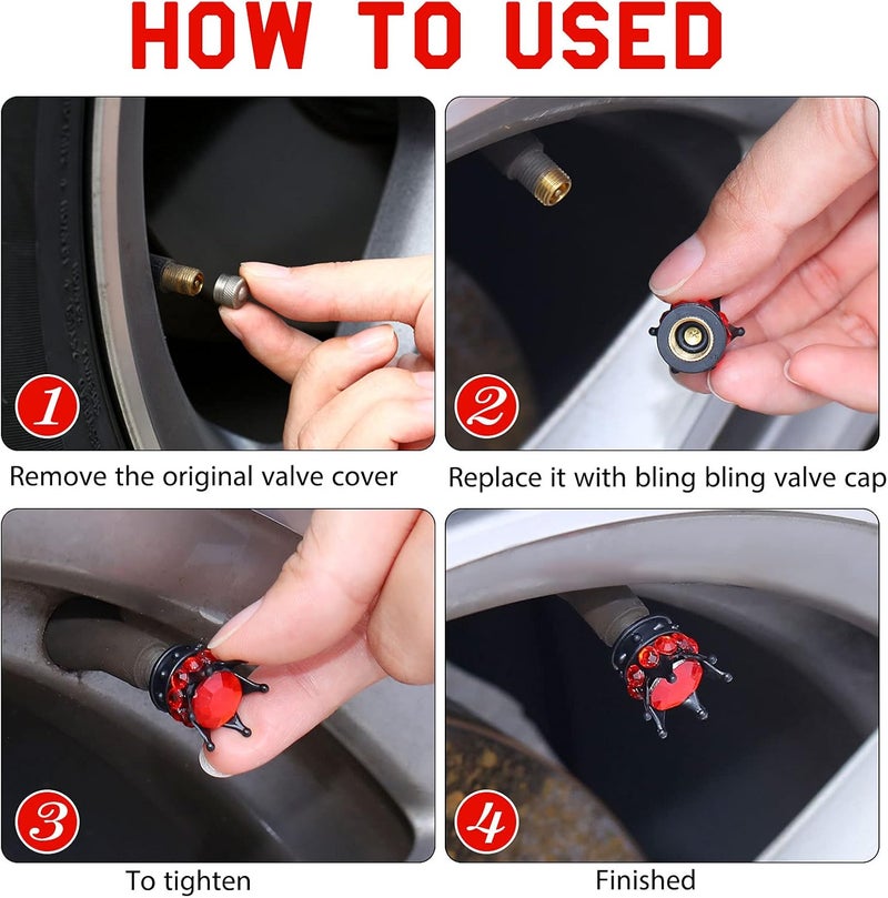 Frienda 4 Pieces Crown Tire Valve Stem Caps Bling Handmade Crystal Rhinestone Universal Chrome Crown Vehicle Car Tire Caps Covers, Attractive Accessories for Car (Red and Black) - Image 4